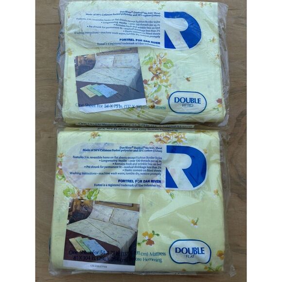 VTG Dan River Double Fitted & Flat Sheet Yellow Floral "Les Violettes"NIP @READ@ - Picture 7 of 8